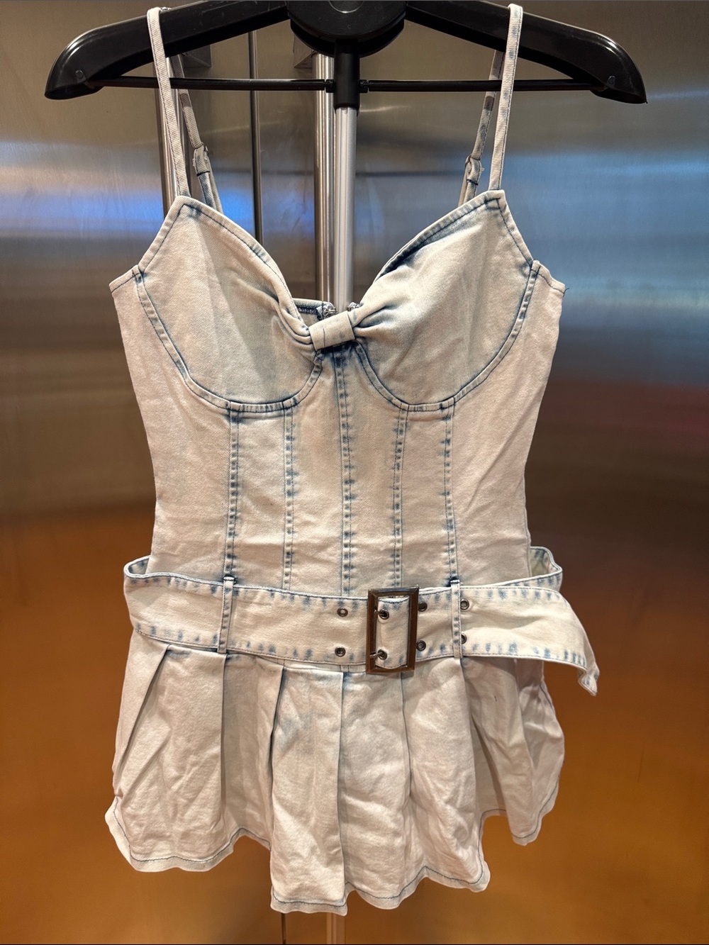 NWOT Light Denim Belted Romper Dress with Bow Bodice